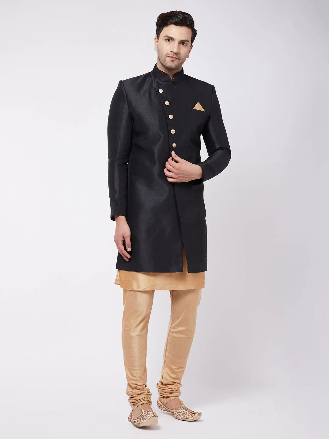 VASTRAMAY Men's Black Sherwani with Rose Gold Pyjama