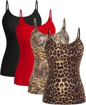 Verdusa Women's 4 Pack Cheetah Print Cami Top Scoop Neck Backless Fitted Camisole