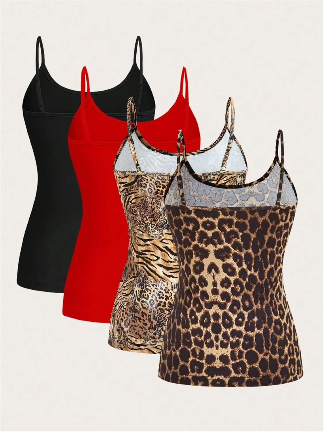 Verdusa Women's 4 Pack Cheetah Print Cami Top Scoop Neck Backless Fitted Camisole