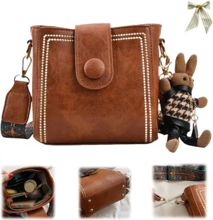 Vintage Fashion Bag with Adjustable Wider Shoulder Strap,Retro Water Bucket Shoulder Bag,Casual Crossbody with Rabbit Pendant