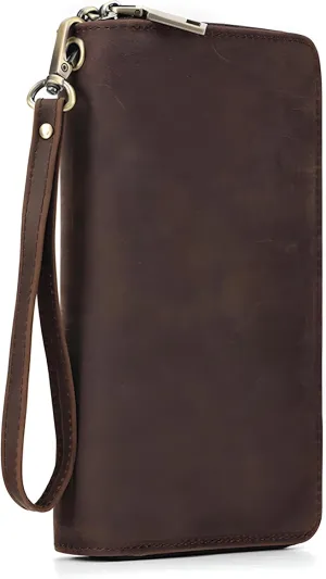 Vintage Genuine Leather Wristlet Purse Top Grain Leather Wallets Large Capacity Credit Card Holder Long Phone Zip Clutch (Coffee)