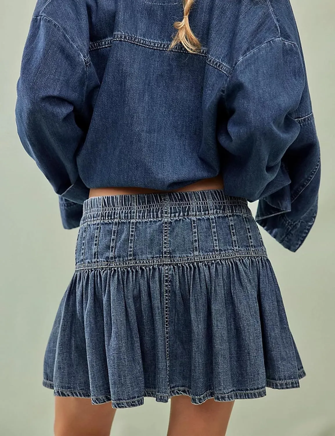 Wanzetaly Women's Casual A-Line Denim Skirts High Waisted Pleated Ruffle Short Mini Jean Skirt