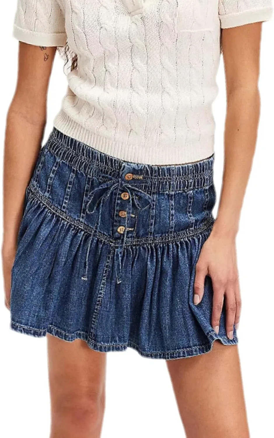 Wanzetaly Women's Casual A-Line Denim Skirts High Waisted Pleated Ruffle Short Mini Jean Skirt