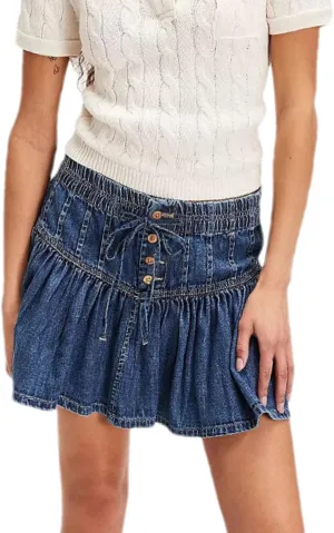 Wanzetaly Women's Casual A-Line Denim Skirts High Waisted Pleated Ruffle Short Mini Jean Skirt