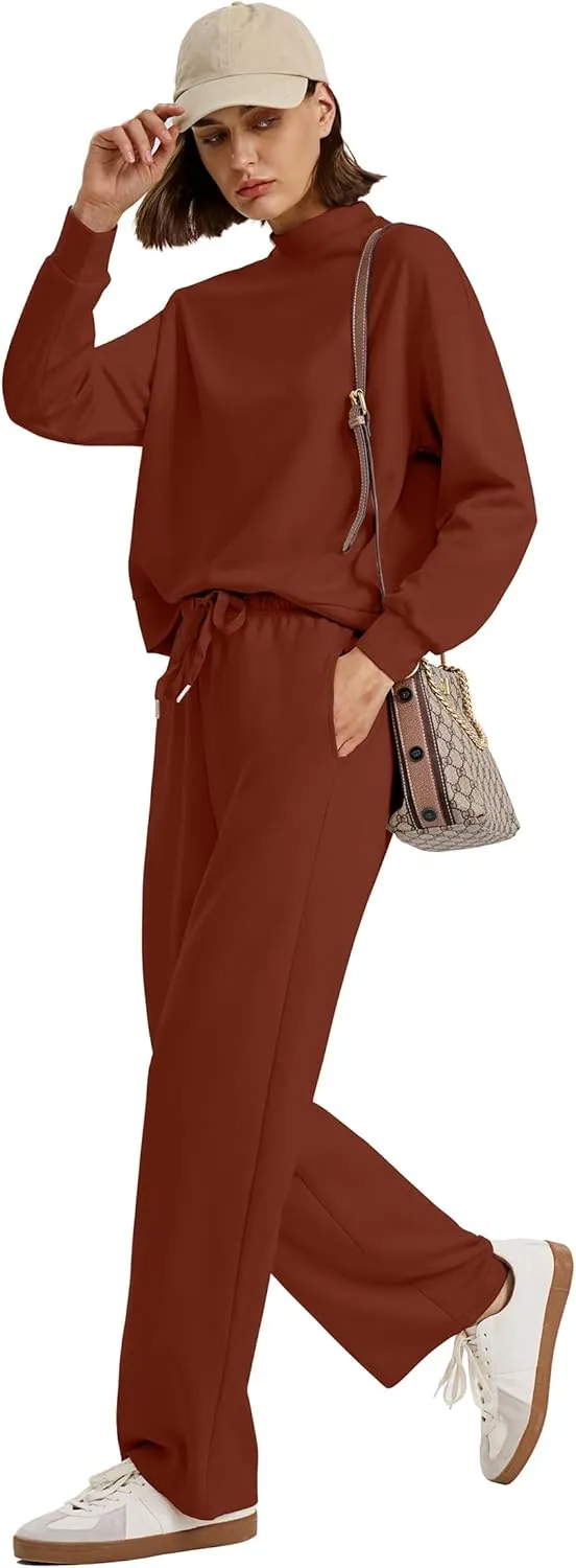 WIHOLL Two Piece Sets for Women Fall Outfits Lounge Sets Mock Neck Tops Wide Leg Pants Vacation Travel Airport Outfits