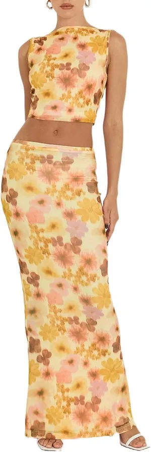 Women 2 Piece Long Skirt Set Floral Strapless Tube Top and Bodycon Maxi Skirts Summer Vintage Streetwear