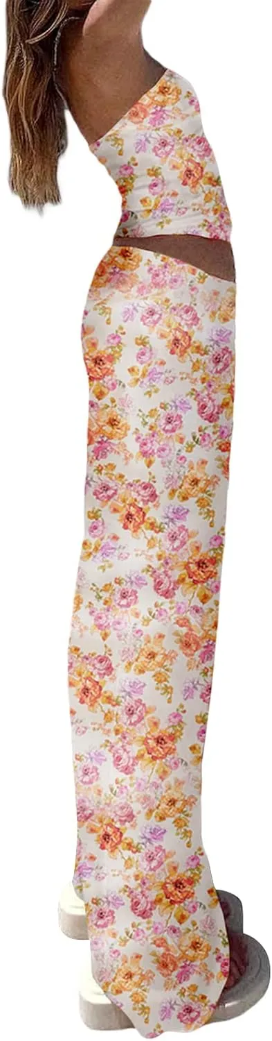 Women 2 Piece Long Skirt Set Floral Strapless Tube Top and Bodycon Maxi Skirts Summer Vintage Streetwear