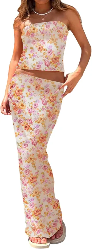 Women 2 Piece Long Skirt Set Floral Strapless Tube Top and Bodycon Maxi Skirts Summer Vintage Streetwear