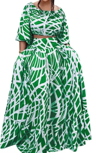 Women 2 Piece Skirt Set Sexy Off The Shoulder Puff Sleeve Crop Tops Flowy Floral A Line Maxi Skirt Sets