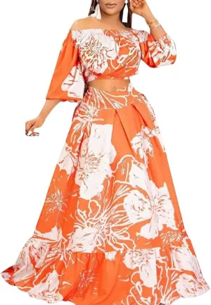 Women 2 Piece Skirt Set Sexy Off The Shoulder Puff Sleeve Crop Tops Flowy Floral A Line Maxi Skirt Sets