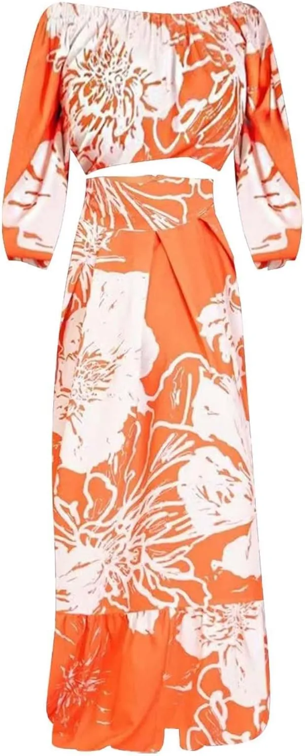 Women 2 Piece Skirt Set Sexy Off The Shoulder Puff Sleeve Crop Tops Flowy Floral A Line Maxi Skirt Sets
