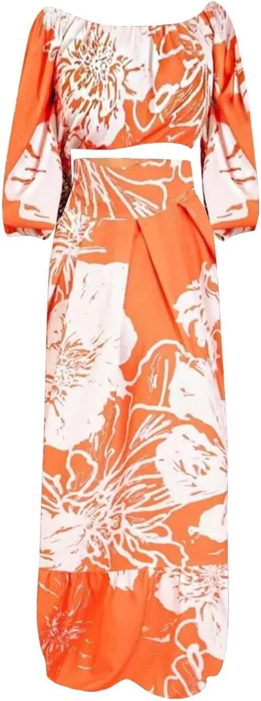 Women 2 Piece Skirt Set Sexy Off The Shoulder Puff Sleeve Crop Tops Flowy Floral A Line Maxi Skirt Sets