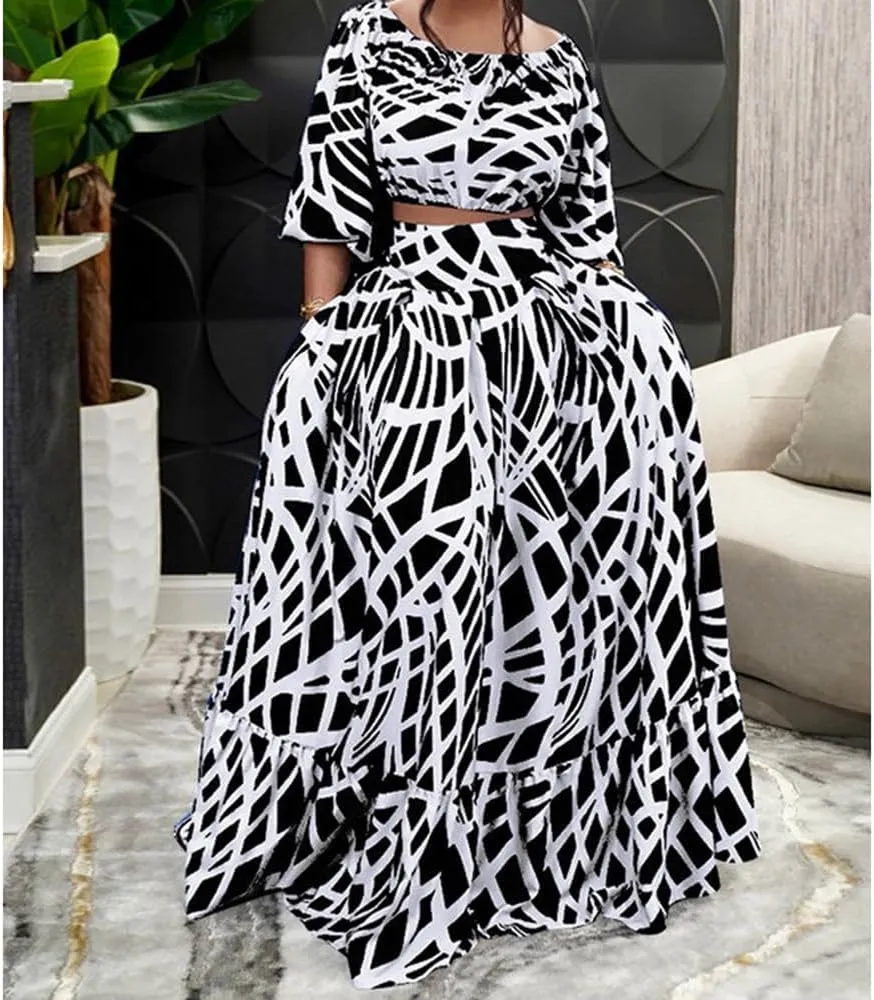 Women 2 Piece Skirt Set Sexy Off The Shoulder Puff Sleeve Crop Tops Flowy Floral A Line Maxi Skirt Sets
