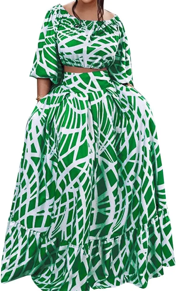 Women 2 Piece Skirt Set Sexy Off The Shoulder Puff Sleeve Crop Tops Flowy Floral A Line Maxi Skirt Sets