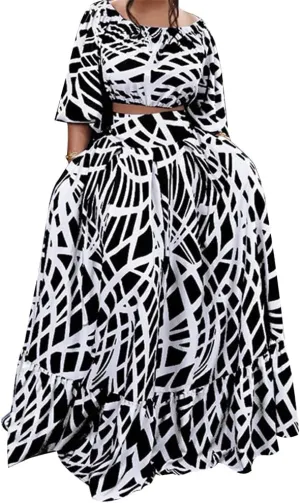 Women 2 Piece Skirt Set Sexy Off The Shoulder Puff Sleeve Crop Tops Flowy Floral A Line Maxi Skirt Sets