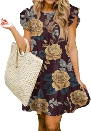 Women Babydoll Summer Casual Crew Neck Ruffle Sleeve Sleeveless Flowy Mini Short Tunic Dress Floral Print Pleated Dress3-Deep Red,Large