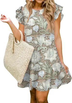 Women Babydoll Summer Casual Crew Neck Ruffle Sleeve Sleeveless Flowy Mini Short Tunic Dress Floral Print Pleated Dress4-White,XX-Large