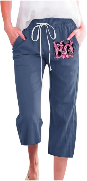 Women Breast Cancer Caring Casual Cotton Linen Crop Pants, Funny Pink Ribbon Print Summer Drawstring Pockets Trousers