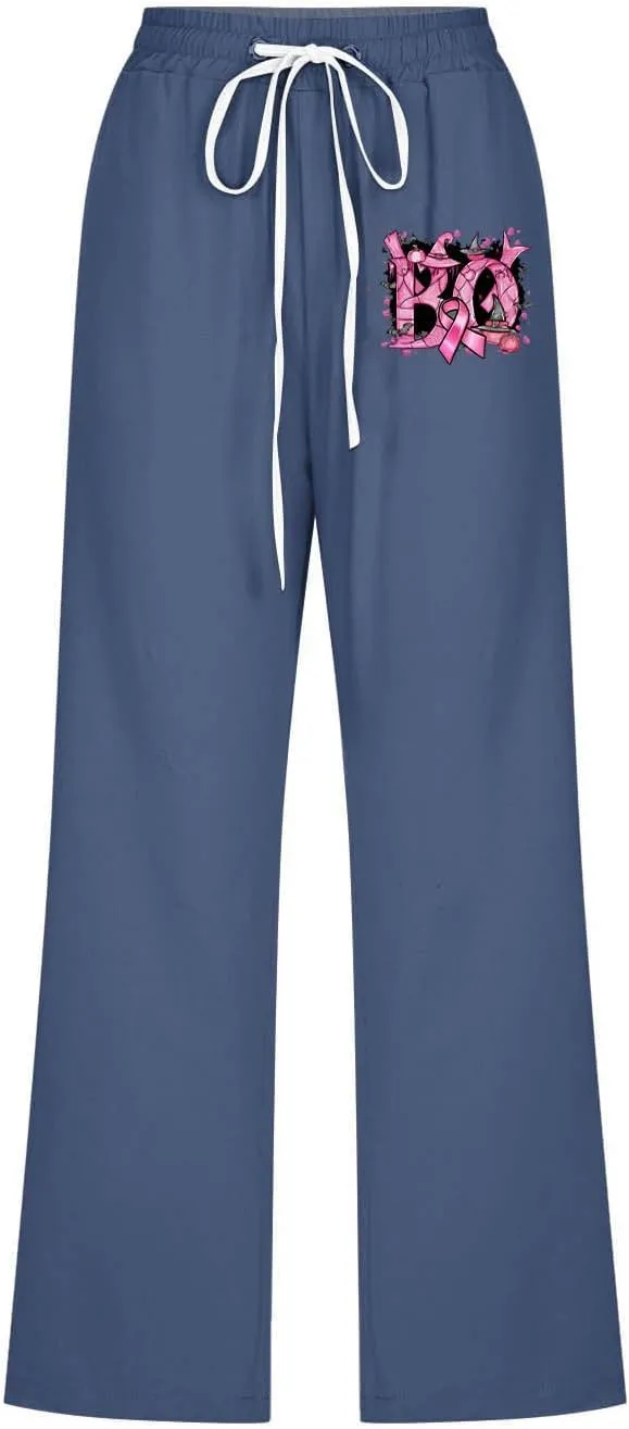 Women Breast Cancer Caring Casual Cotton Linen Crop Pants, Funny Pink Ribbon Print Summer Drawstring Pockets Trousers