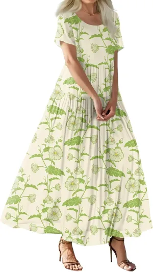 Women Casual Loose Bohemian Floral Dress Short Sleeve Long Maxi Summer Beach Swing Dress