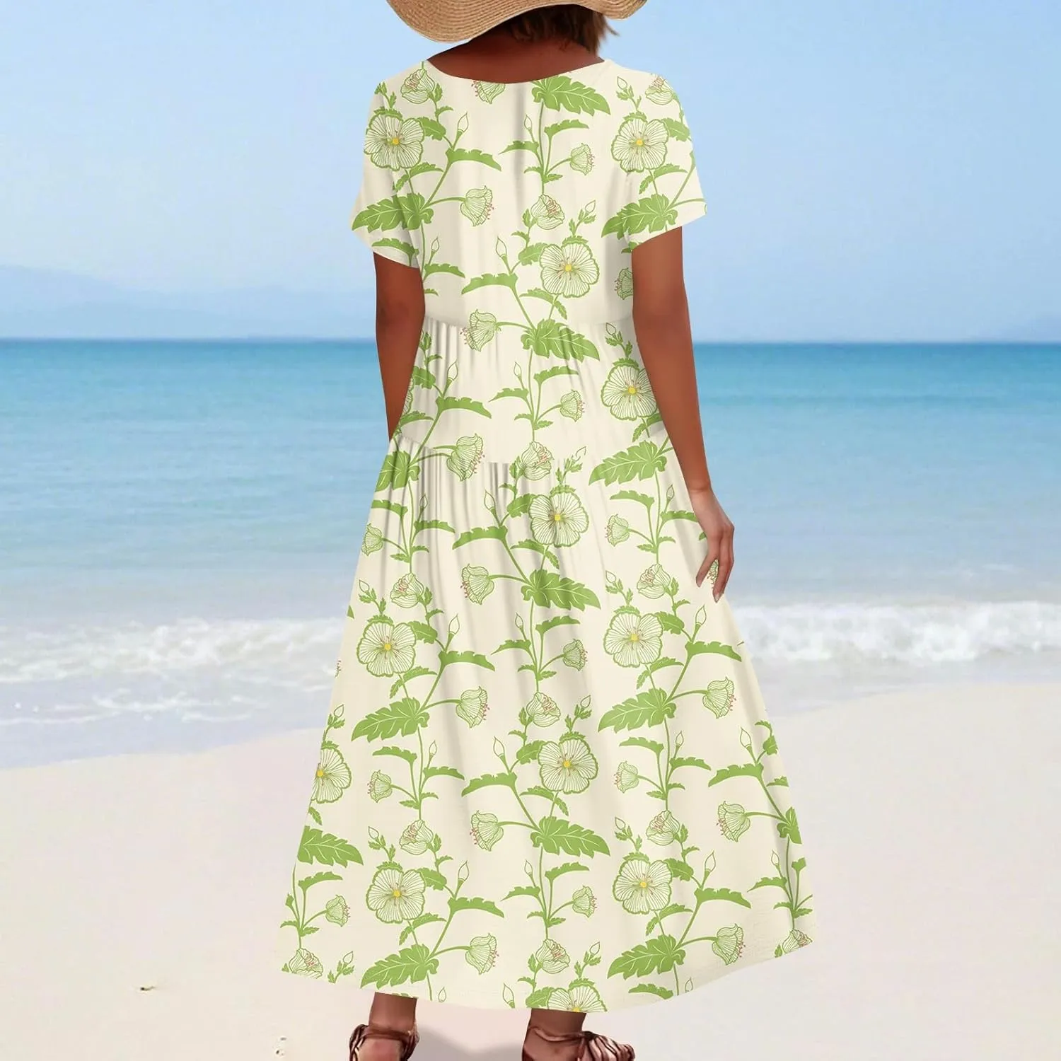 Women Casual Loose Bohemian Floral Dress Short Sleeve Long Maxi Summer Beach Swing Dress