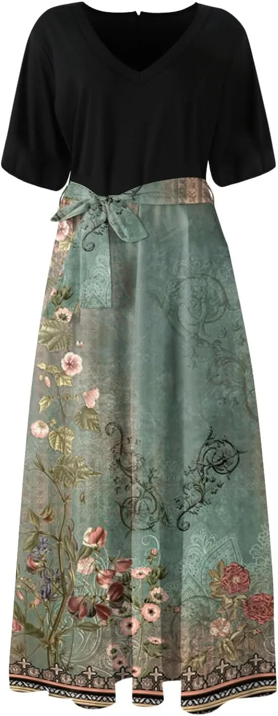 Women Casual Sleeveless Summer Dresses 2025 Spring Crewneck Patchwork Boho Floral Ruffle Cocktail Party Midi Dress