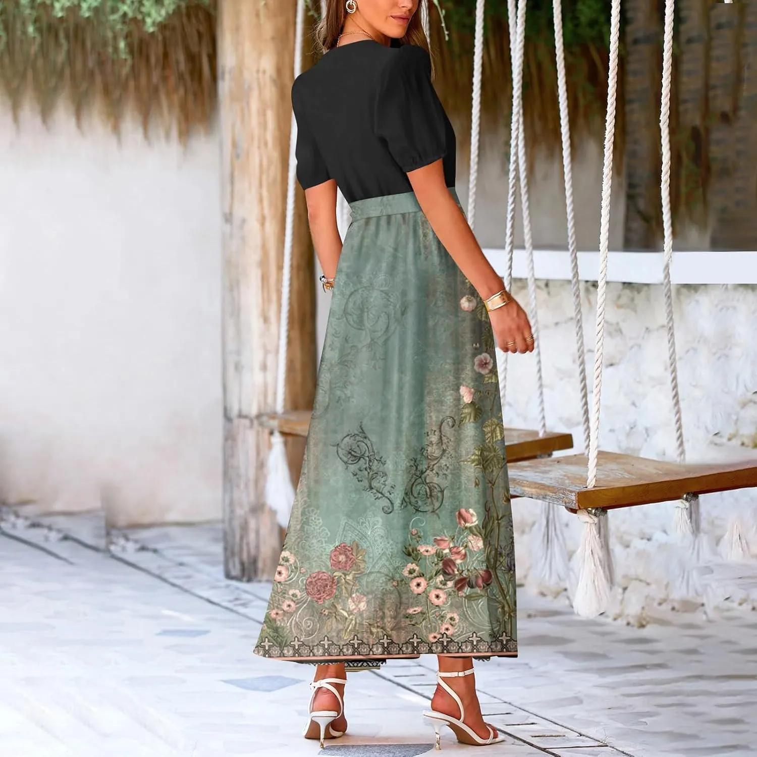 Women Casual Sleeveless Summer Dresses 2025 Spring Crewneck Patchwork Boho Floral Ruffle Cocktail Party Midi Dress