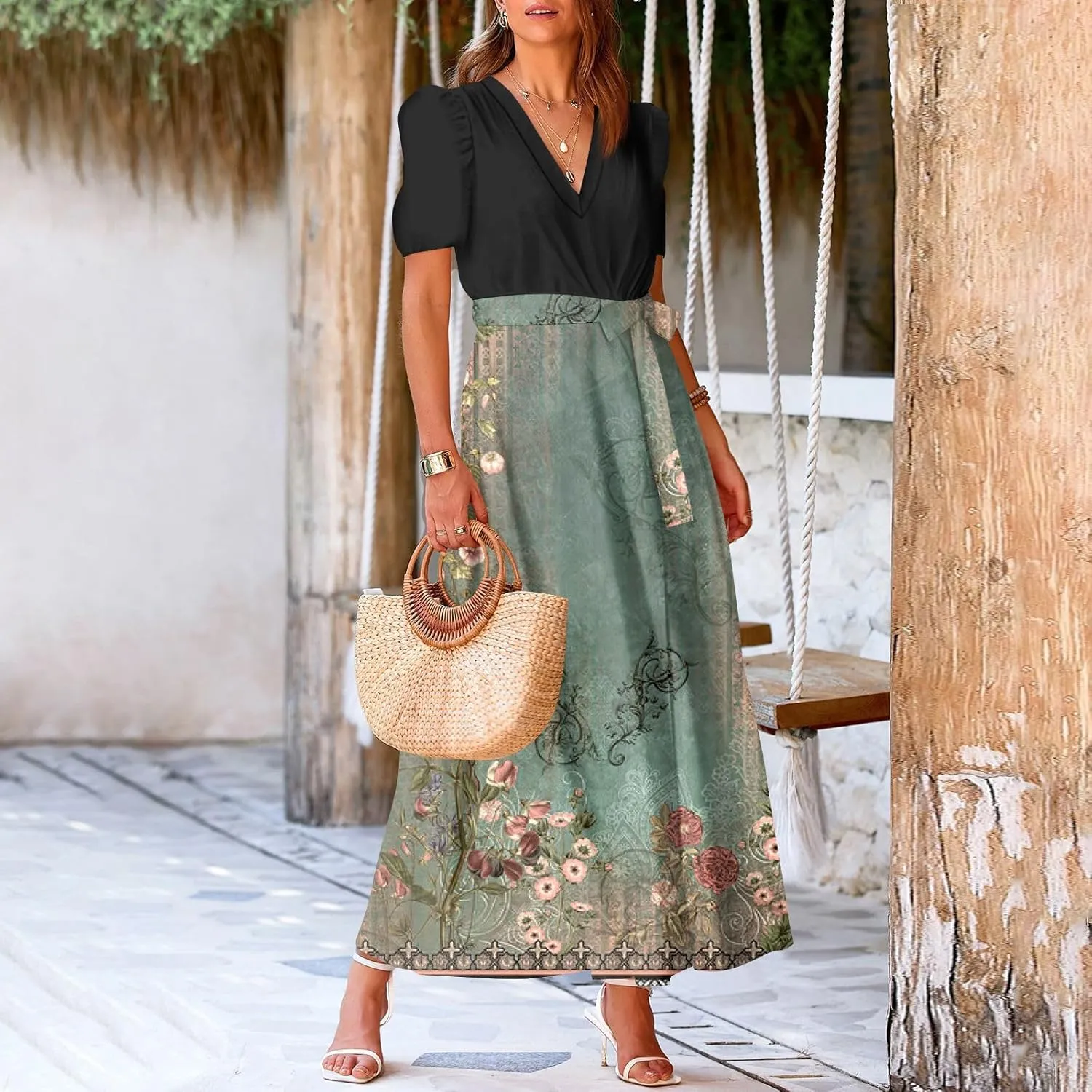 Women Casual Sleeveless Summer Dresses 2025 Spring Crewneck Patchwork Boho Floral Ruffle Cocktail Party Midi Dress