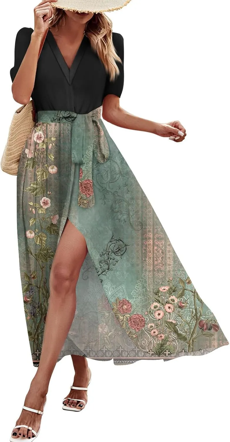 Women Casual Sleeveless Summer Dresses 2025 Spring Crewneck Patchwork Boho Floral Ruffle Cocktail Party Midi Dress
