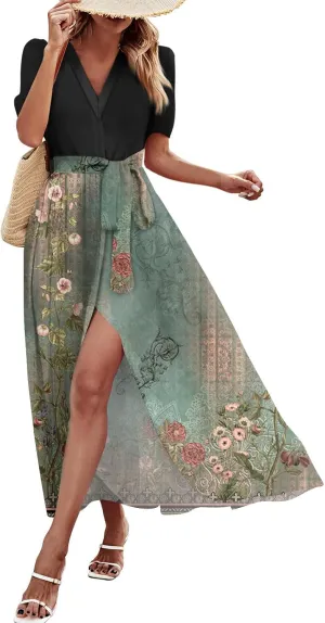 Women Casual Sleeveless Summer Dresses 2025 Spring Crewneck Patchwork Boho Floral Ruffle Cocktail Party Midi Dress