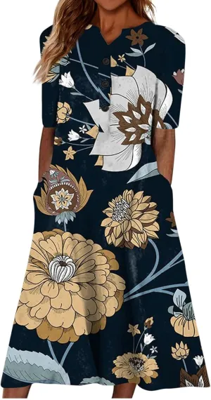 Women Casual Summer Stripe Button V Neck Sleeveless Pocket Holiday Dress Floral Sundress Midi Dress