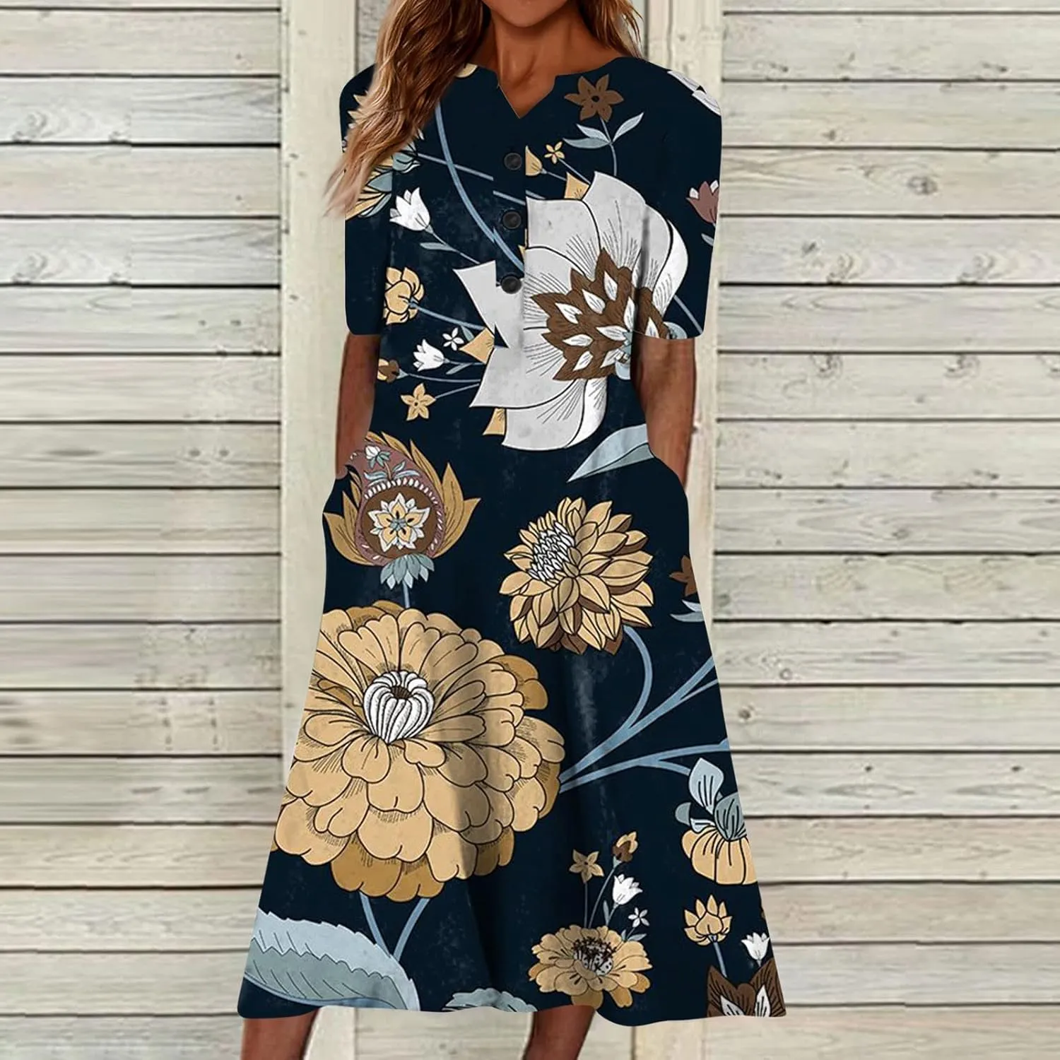 Women Casual Summer Stripe Button V Neck Sleeveless Pocket Holiday Dress Floral Sundress Midi Dress