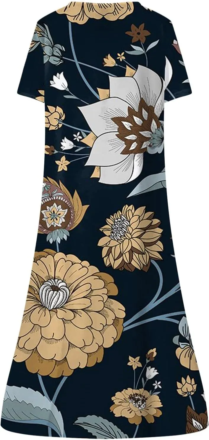 Women Casual Summer Stripe Button V Neck Sleeveless Pocket Holiday Dress Floral Sundress Midi Dress