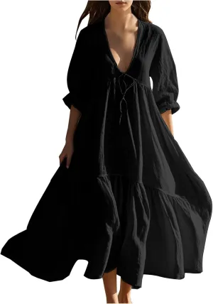 Women Cotton Linen Flowy Beach Dress Sexy Deep V Neck Lace-Up A-Line Dresses Summer Half Sleeve Ruffle Maxi Dress