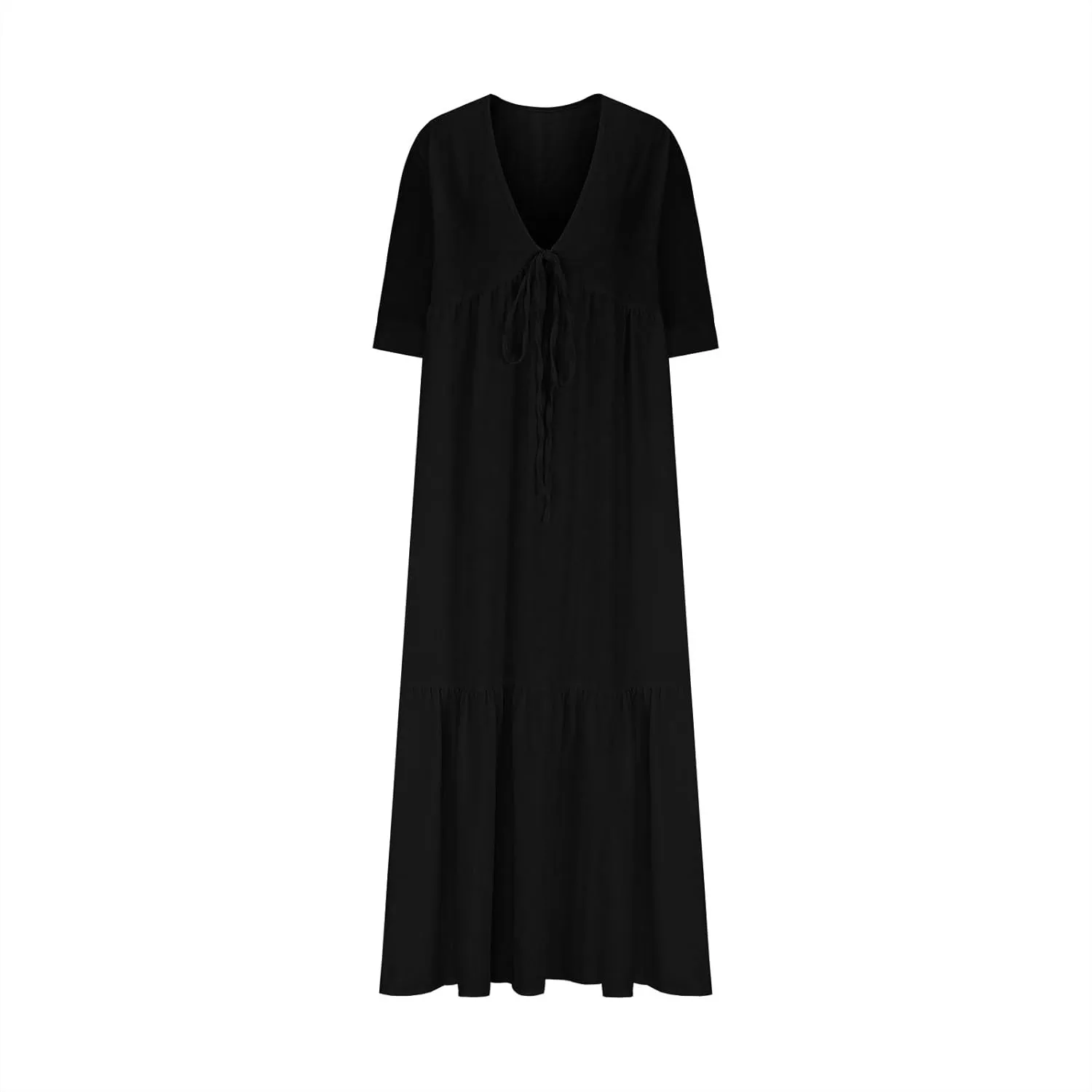 Women Cotton Linen Flowy Beach Dress Sexy Deep V Neck Lace-Up A-Line Dresses Summer Half Sleeve Ruffle Maxi Dress
