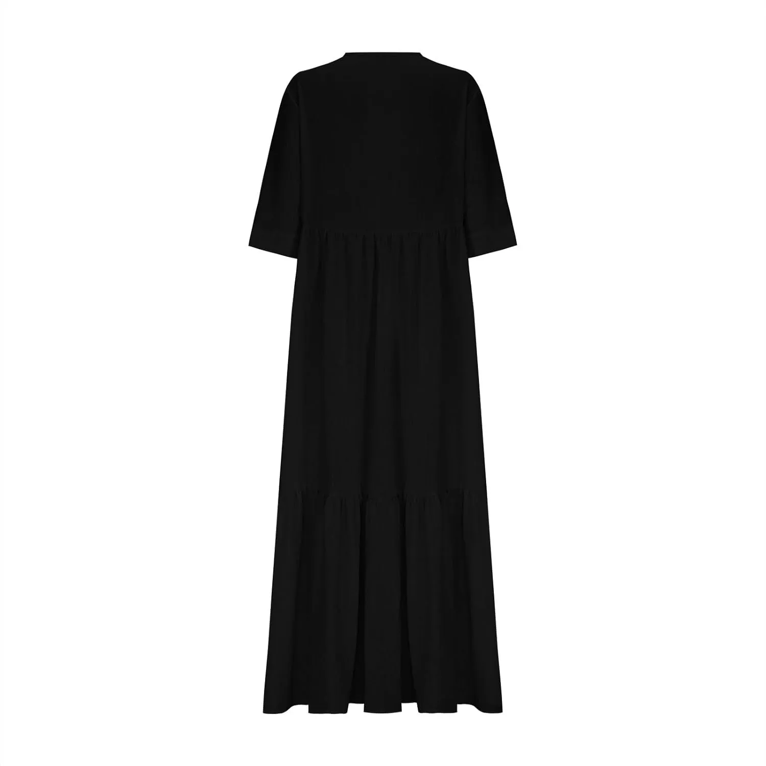 Women Cotton Linen Flowy Beach Dress Sexy Deep V Neck Lace-Up A-Line Dresses Summer Half Sleeve Ruffle Maxi Dress