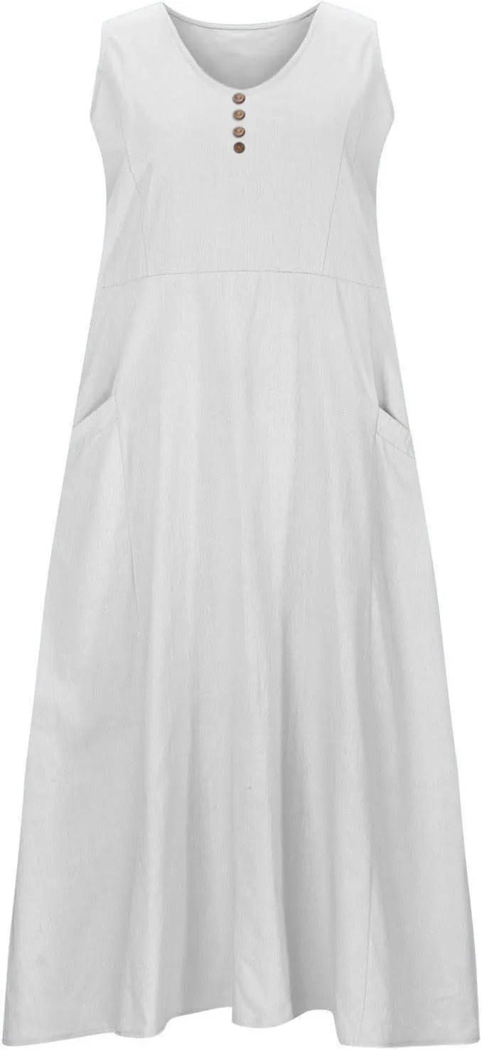 Women Cotton Linen Summer Dresses 2024 Trendy Maxi Dress Flowy Sleeveless Long Sundresses Boho Casual Vacation Clothes