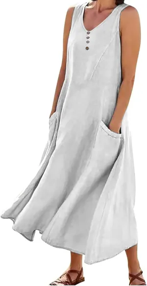 Women Cotton Linen Summer Dresses 2024 Trendy Maxi Dress Flowy Sleeveless Long Sundresses Boho Casual Vacation Clothes