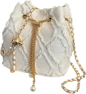 Women Denim Bucket Bag Jean Purses Trendy Mini Barrel Shape Crossbody Purse Distressed Tassel Hobo Bag Drawstring Handbag