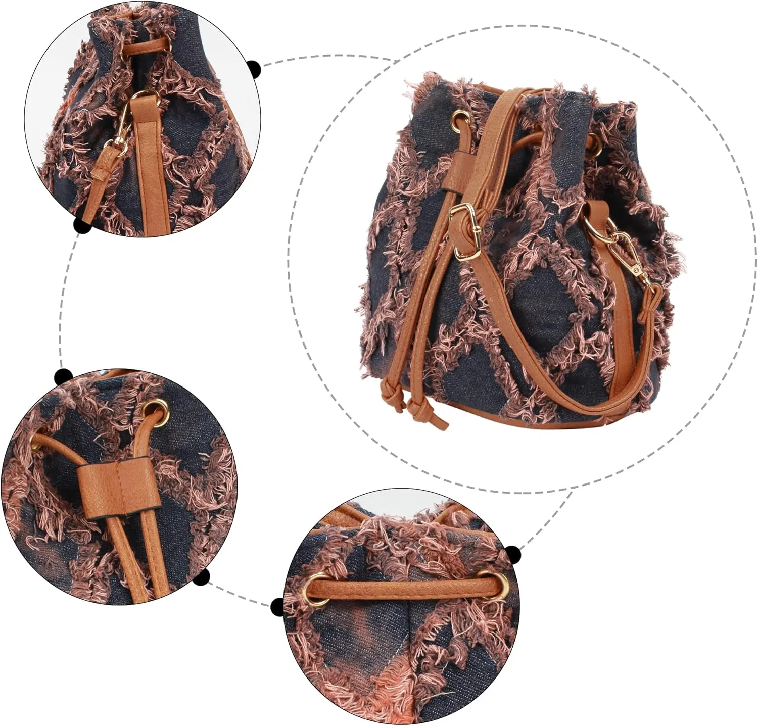 Women Denim Mini Bucket Shoulder Crossbody Bag Drawstring Quilted Distressed Tassel Barrel Shape Satchel Purse