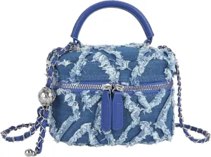 Women Denim Mini Bucket Shoulder Crossbody Bag Drawstring Quilted Distressed Tassel Barrel Shape Satchel Purse