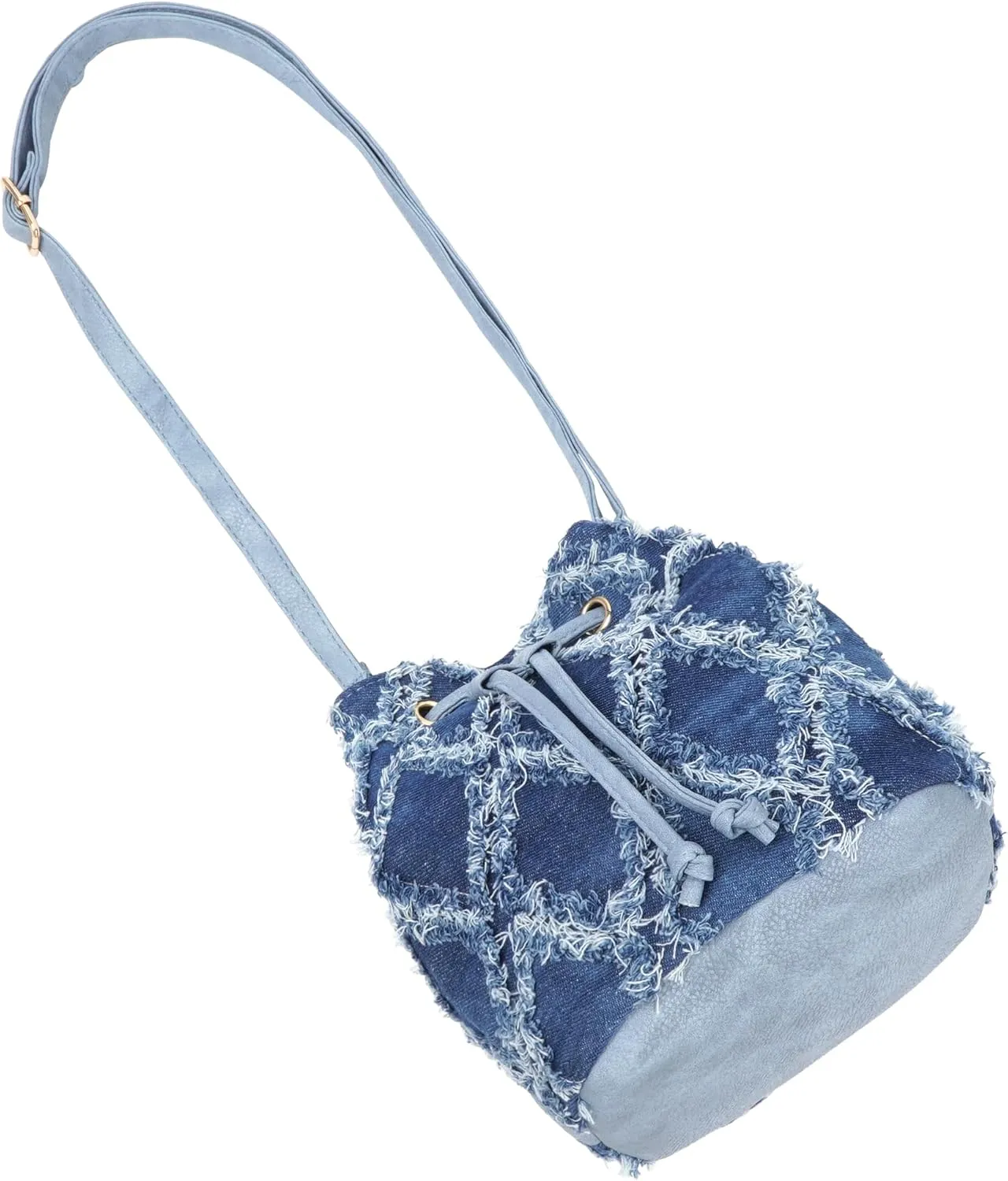 Women Denim Mini Bucket Shoulder Crossbody Bag Drawstring Quilted Distressed Tassel Barrel Shape Satchel Purse