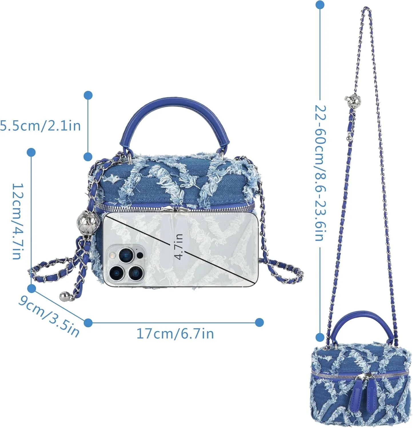 Women Denim Mini Bucket Shoulder Crossbody Bag Drawstring Quilted Distressed Tassel Barrel Shape Satchel Purse