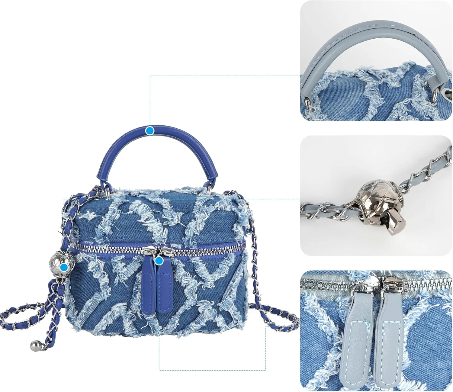 Women Denim Mini Bucket Shoulder Crossbody Bag Drawstring Quilted Distressed Tassel Barrel Shape Satchel Purse