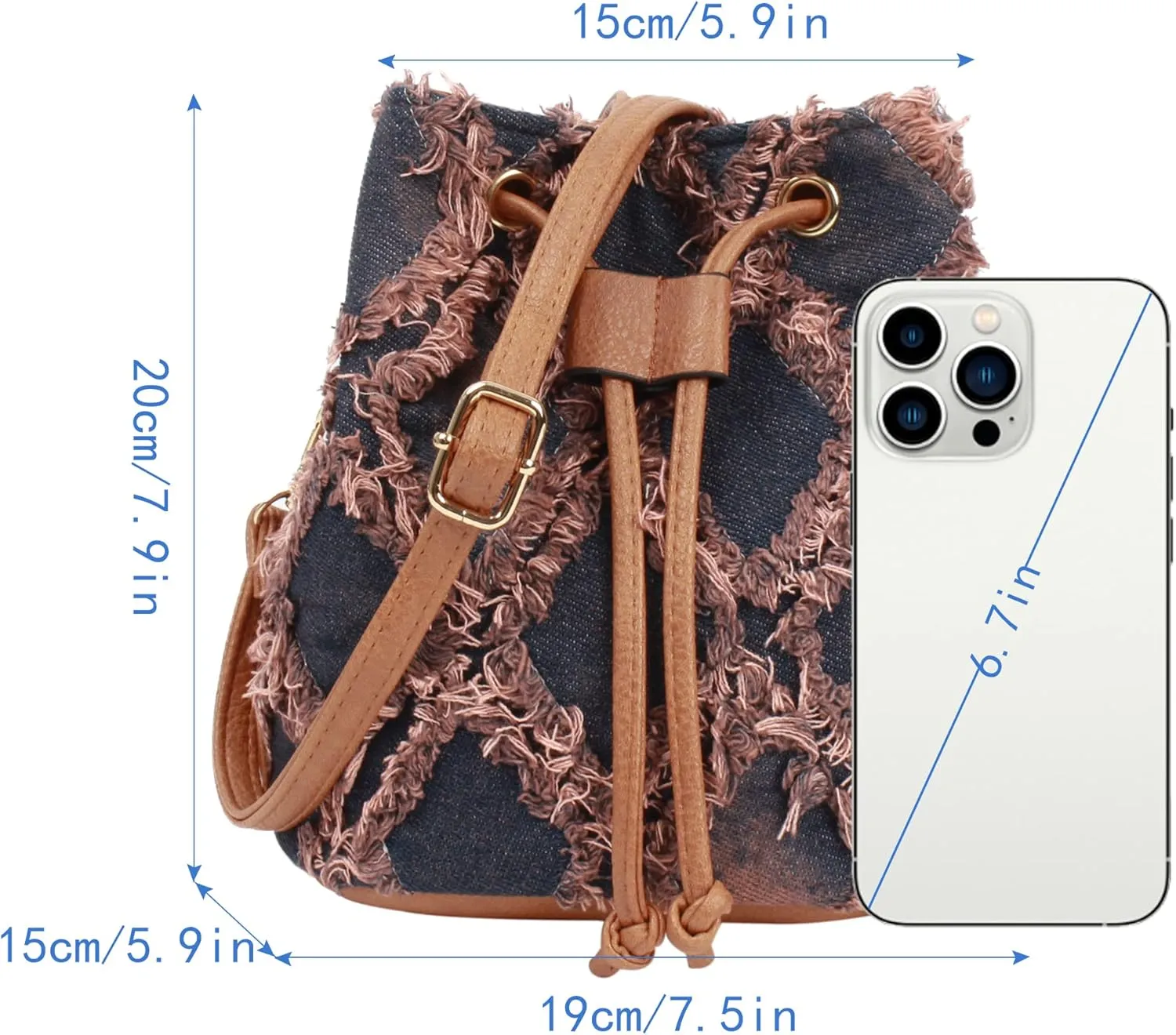 Women Denim Mini Bucket Shoulder Crossbody Bag Drawstring Quilted Distressed Tassel Barrel Shape Satchel Purse