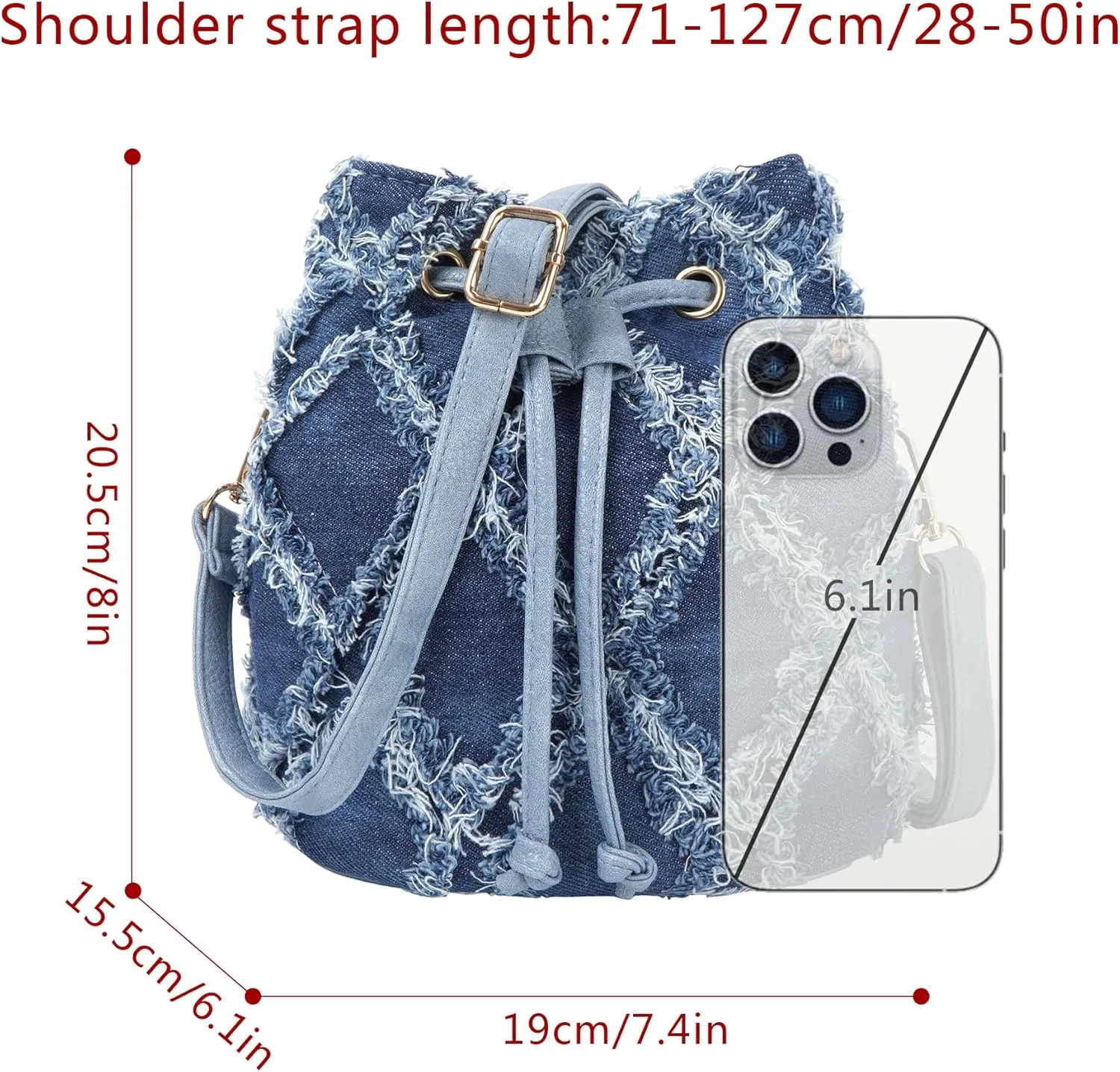 Women Denim Mini Bucket Shoulder Crossbody Bag Drawstring Quilted Distressed Tassel Barrel Shape Satchel Purse