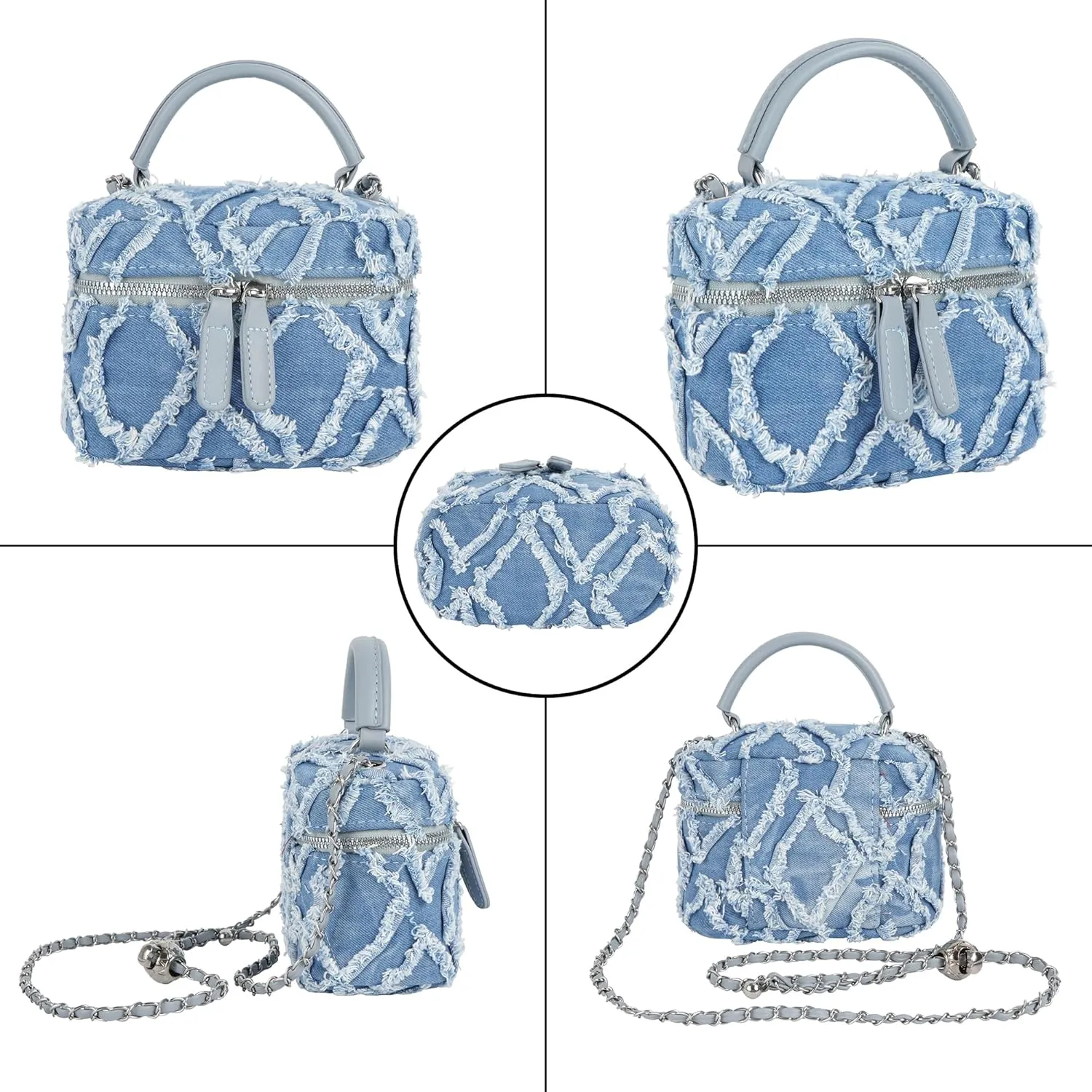 Women Denim Mini Bucket Shoulder Crossbody Bag Drawstring Quilted Distressed Tassel Barrel Shape Satchel Purse