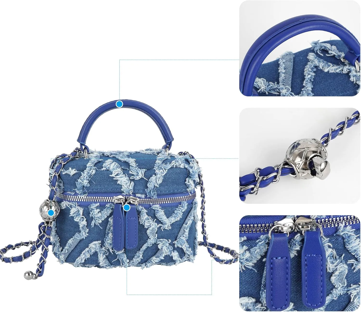 Women Denim Mini Bucket Shoulder Crossbody Bag Drawstring Quilted Distressed Tassel Barrel Shape Satchel Purse