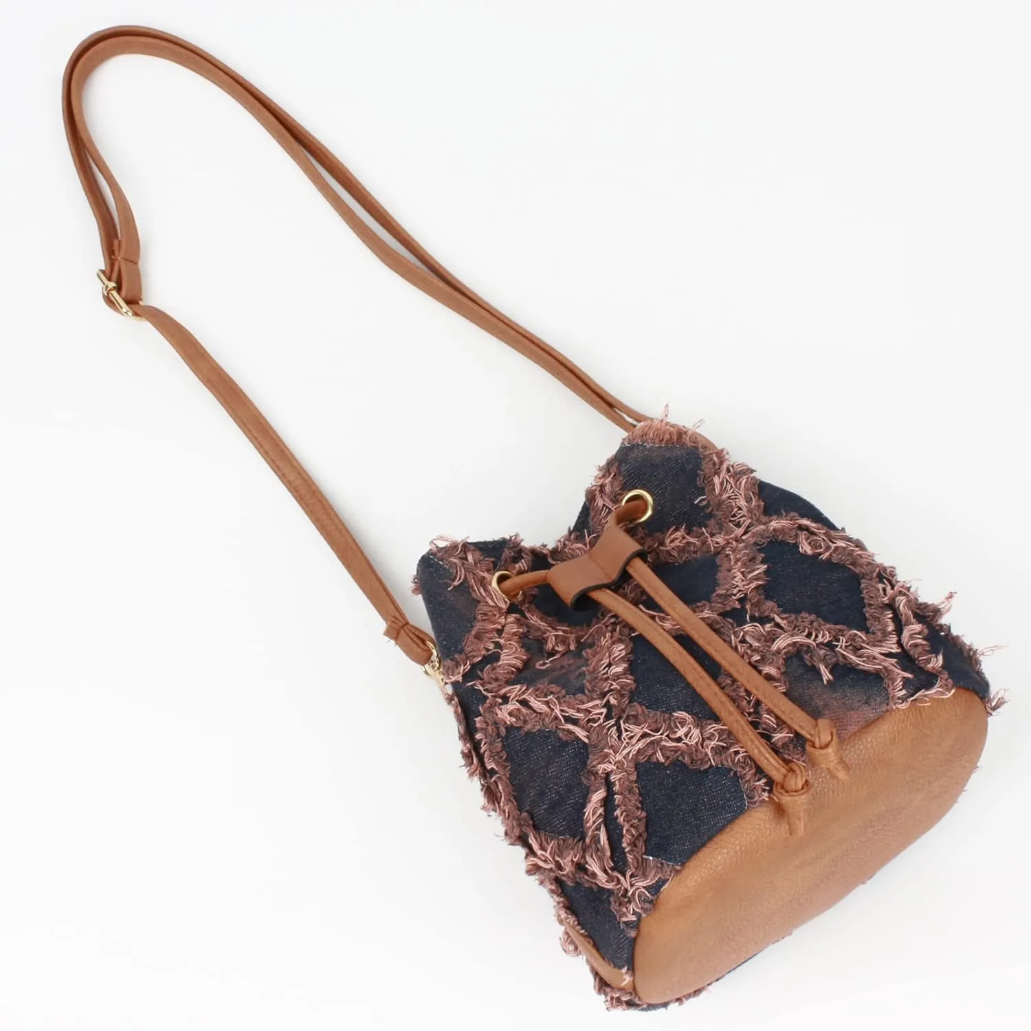 Women Denim Mini Bucket Shoulder Crossbody Bag Drawstring Quilted Distressed Tassel Barrel Shape Satchel Purse