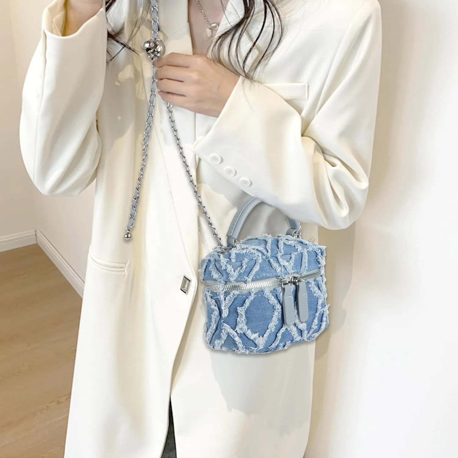 Women Denim Mini Bucket Shoulder Crossbody Bag Drawstring Quilted Distressed Tassel Barrel Shape Satchel Purse